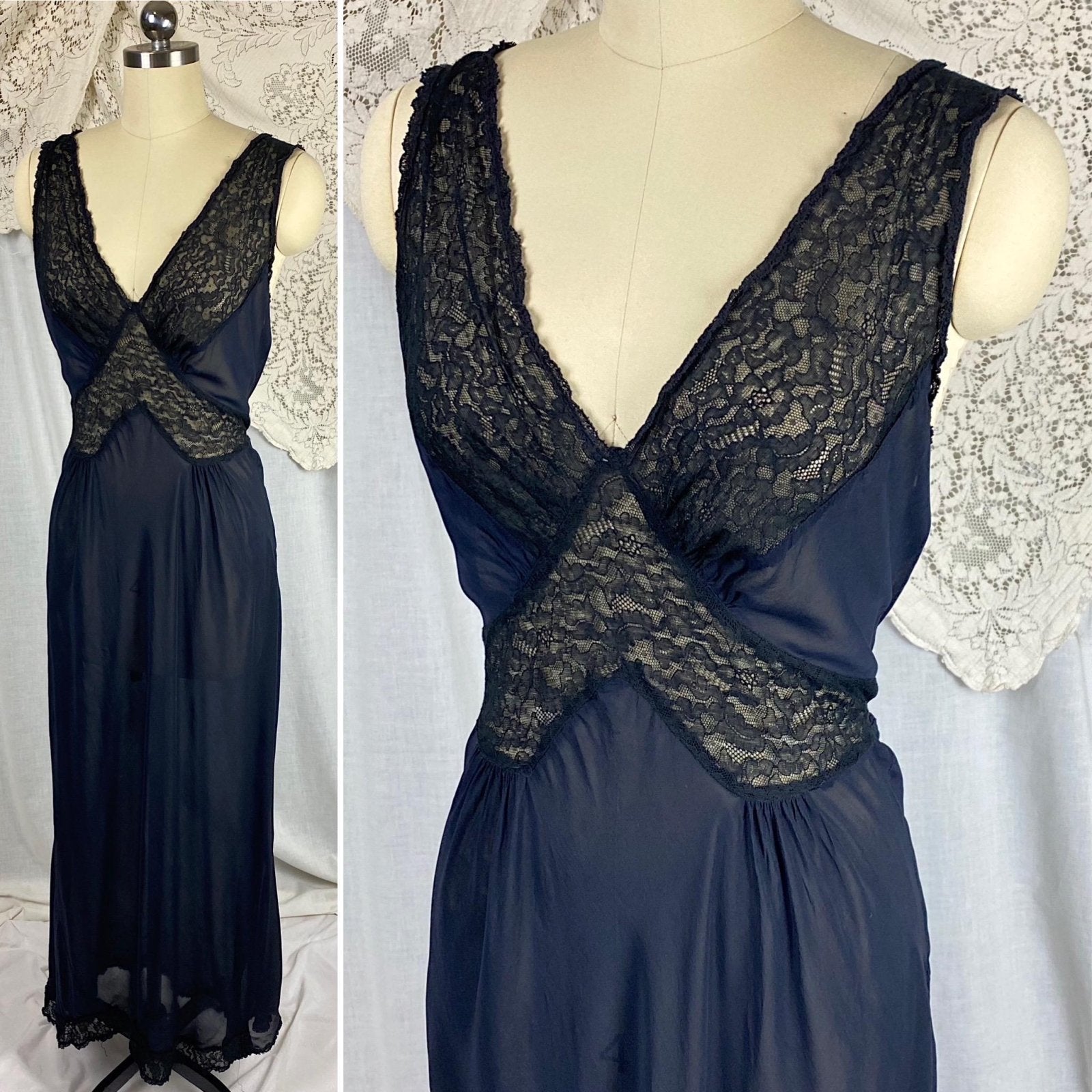 Vintage 1940's Nightgown | Sheer Black Rayon Chiffon with Cotton Lace | Size S, M | By Bennington - Daggers & Dames