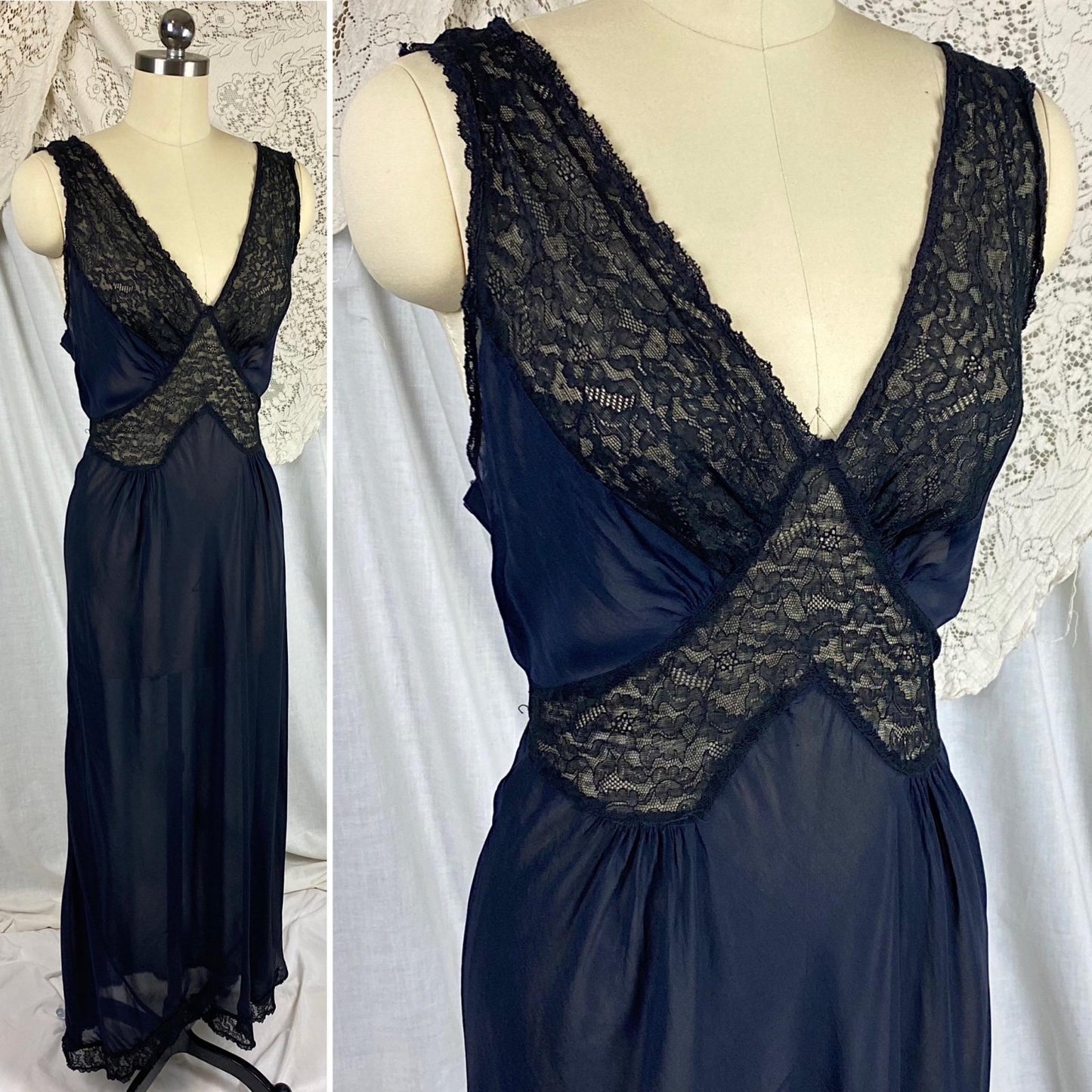 Vintage 1940's Nightgown | Sheer Black Rayon Chiffon with Cotton Lace | Size S, M | By Bennington - Daggers & Dames