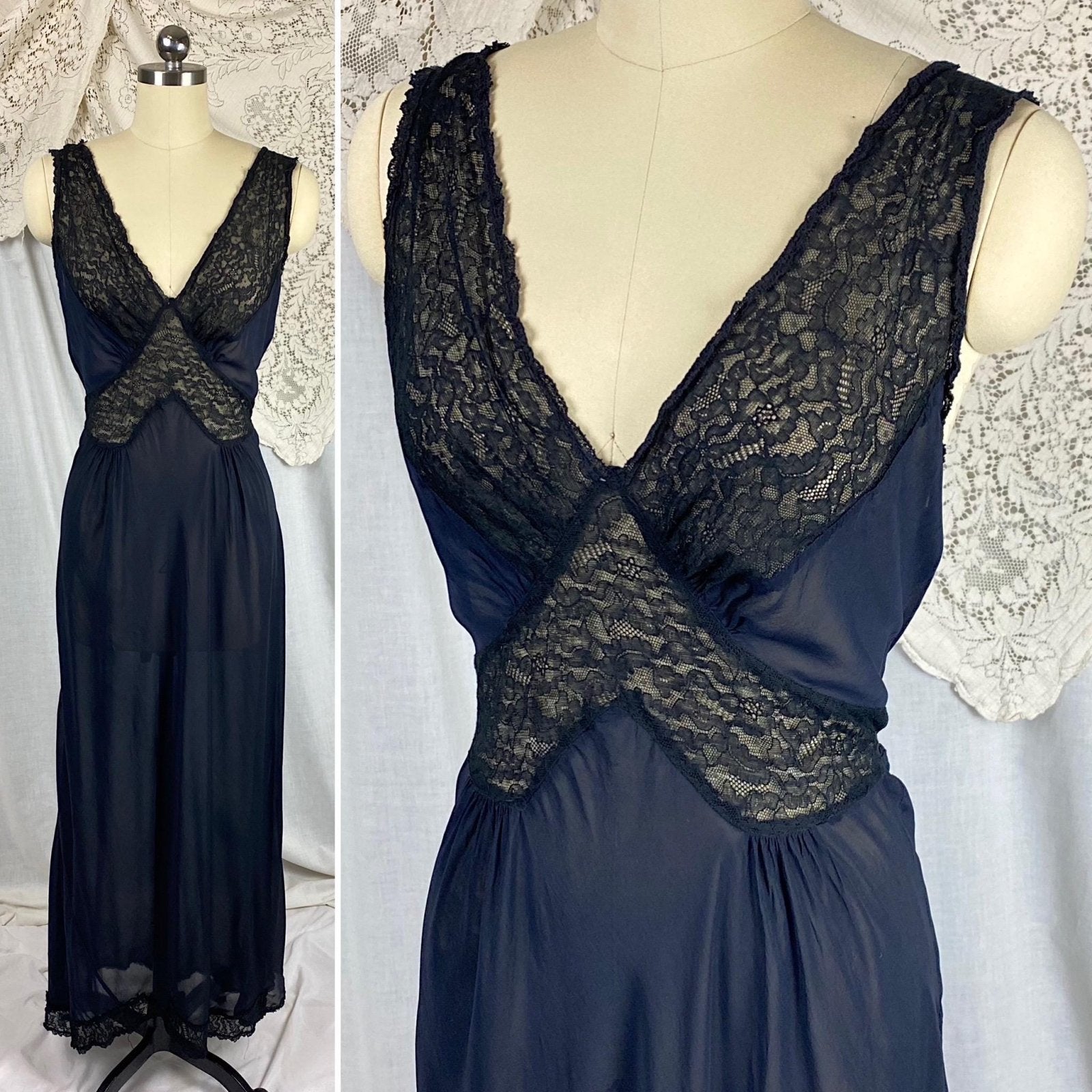 Vintage 1940's Nightgown | Sheer Black Rayon Chiffon with Cotton Lace | Size S, M | By Bennington - Daggers & Dames