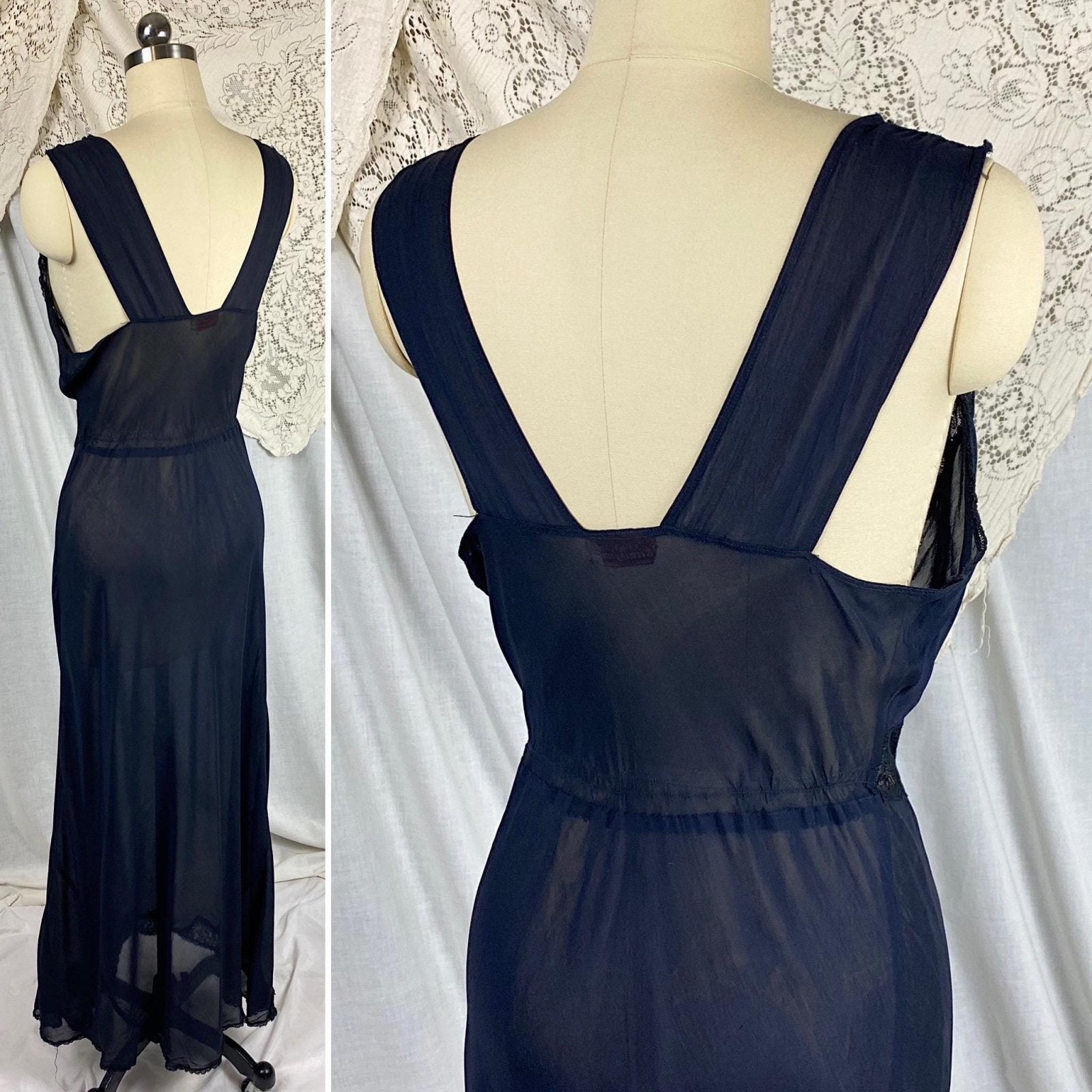 Vintage 1940's Nightgown | Sheer Black Rayon Chiffon with Cotton Lace | Size S, M | By Bennington - Daggers & Dames