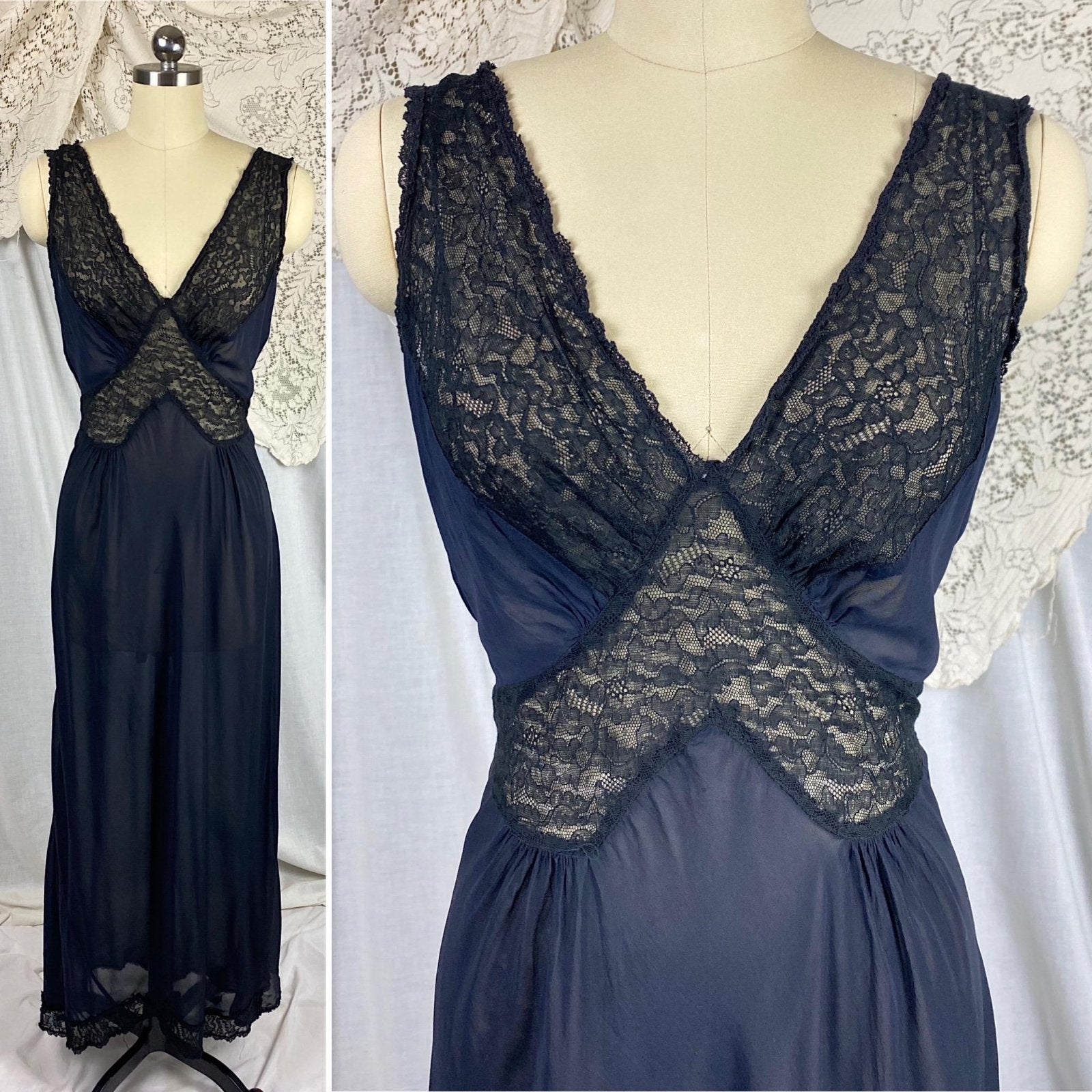 Vintage 1940's Nightgown | Sheer Black Rayon Chiffon with Cotton Lace | Size S, M | By Bennington - Daggers & Dames