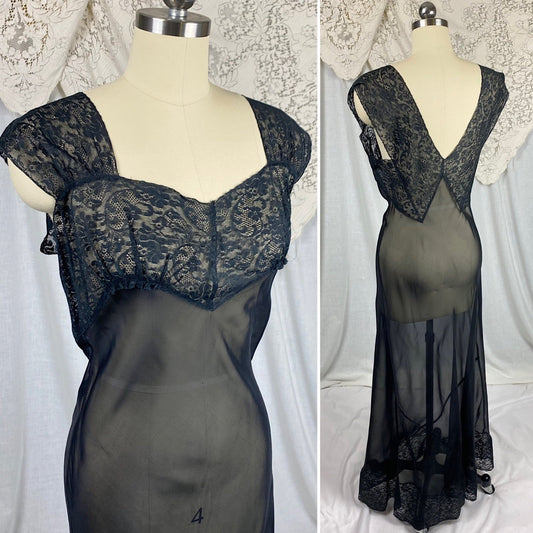 Vintage 1940's Nightgown | Sheer Black Rayon Chiffon with Floral Cotton Lace | Size M, LG | Never Worn - Daggers & Dames