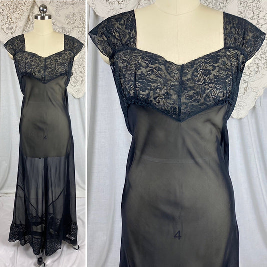 Vintage 1940's Nightgown | Sheer Black Rayon Chiffon with Floral Cotton Lace | Size M, LG | Never Worn - Daggers & Dames
