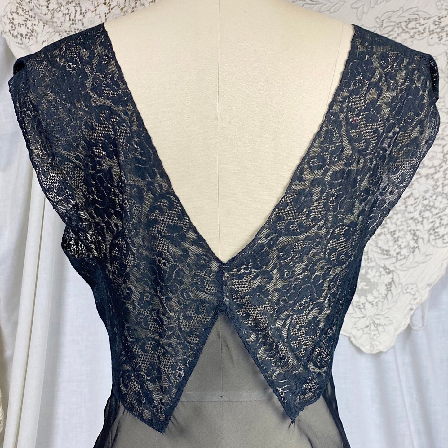 Vintage 1940's Nightgown | Sheer Black Rayon Chiffon with Floral Cotton Lace | Size M, LG | Never Worn - Daggers & Dames
