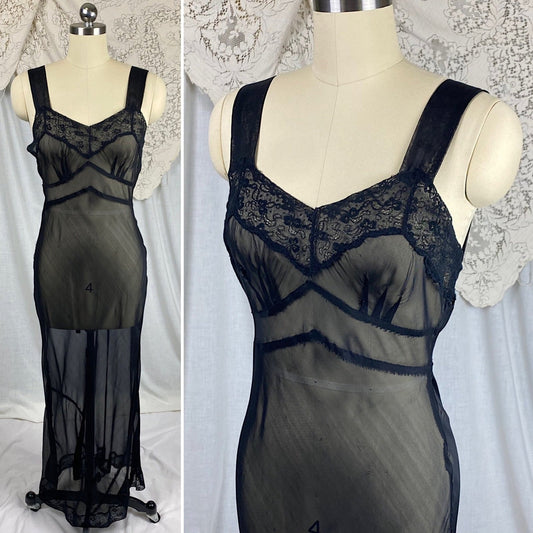 Vintage 1940's Nightgown | Sheer Black Rayon Chiffon with Floral Cotton Lace | Size S, M - Daggers & Dames