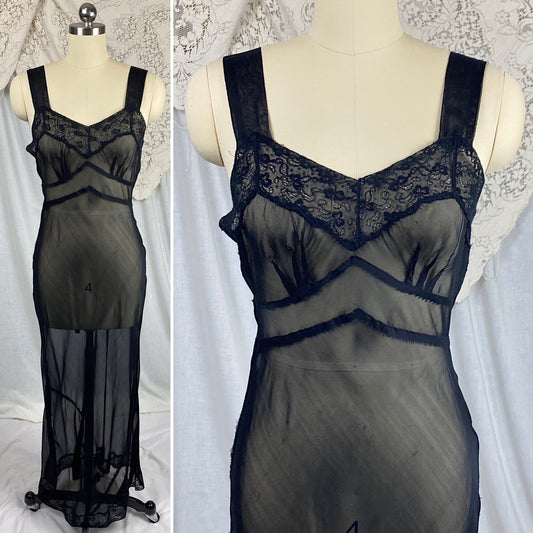 Vintage 1940's Nightgown | Sheer Black Rayon Chiffon with Floral Cotton Lace | Size S, M - Daggers & Dames