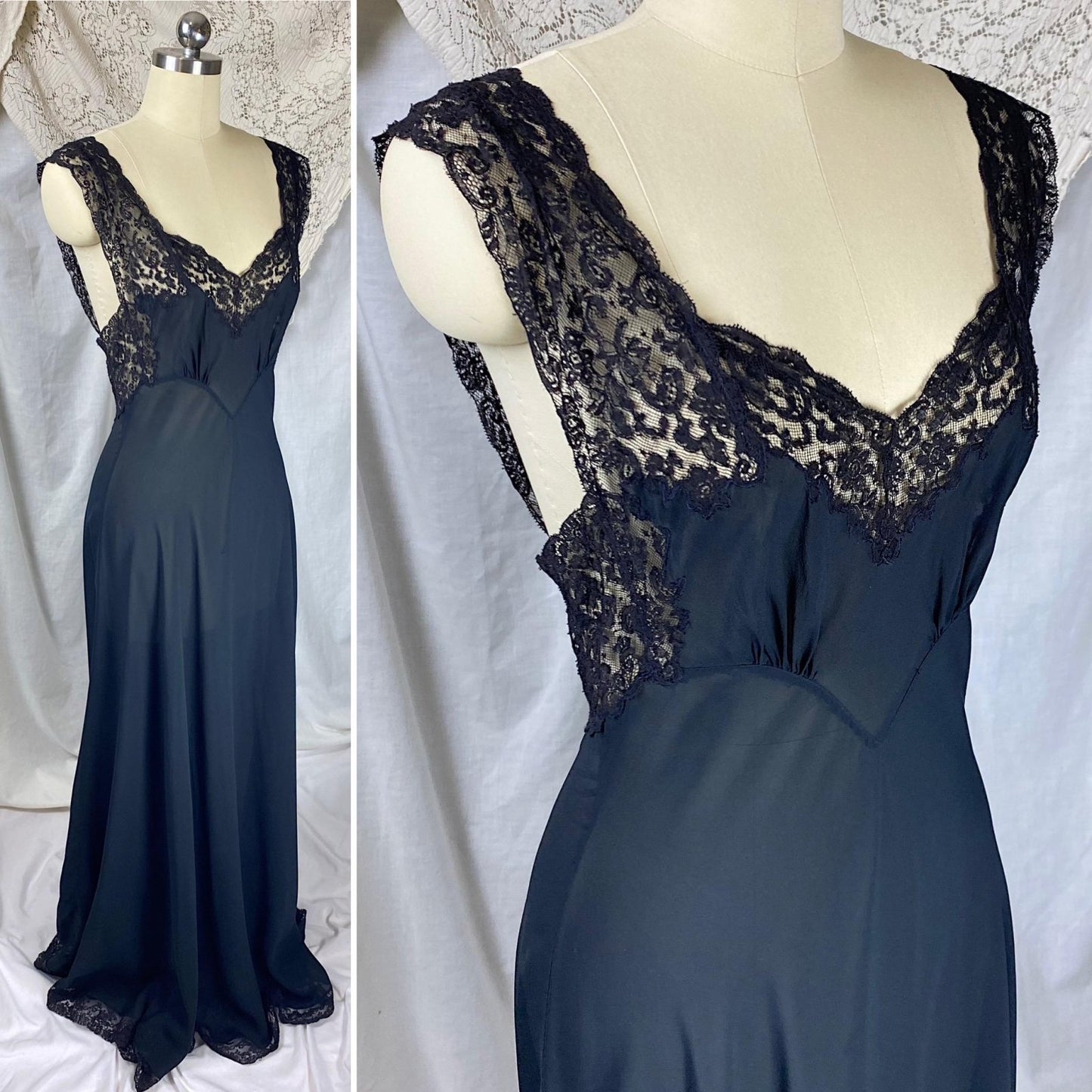 Vintage 1940's Nightgown | Sheer Black Silk Chiffon with Intricate Cotton Floral Lace | Size S | Fischer Heavenly Lingerie - Mermaid Label - Daggers & Dames