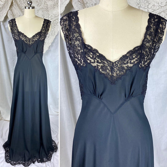 Vintage 1940's Nightgown | Sheer Black Silk Chiffon with Intricate Cotton Floral Lace | Size S | Fischer Heavenly Lingerie - Mermaid Label - Daggers & Dames