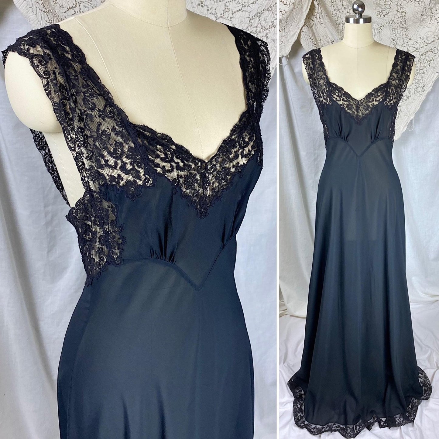 Vintage 1940's Nightgown | Sheer Black Silk Chiffon with Intricate Cotton Floral Lace | Size S | Fischer Heavenly Lingerie - Mermaid Label - Daggers & Dames