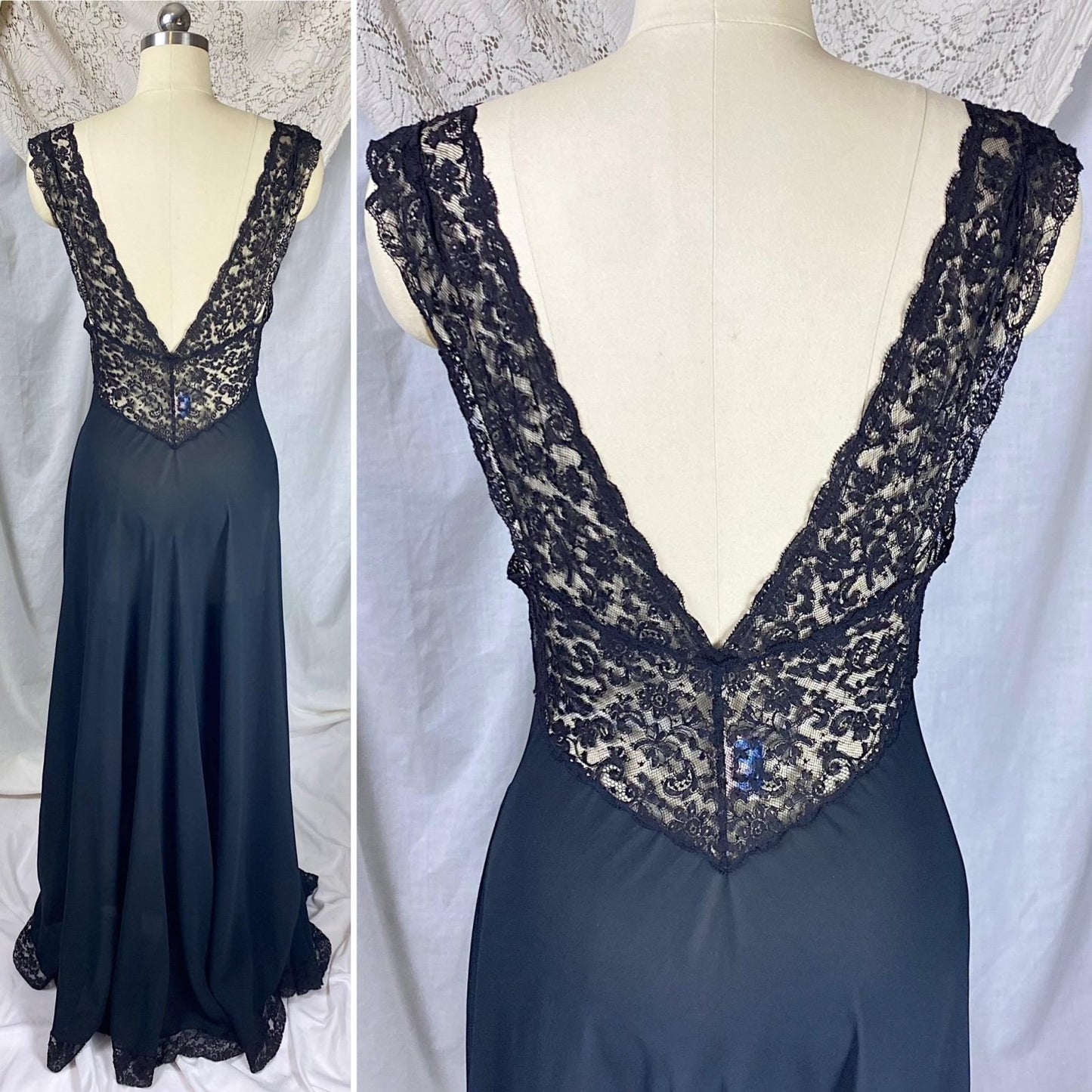 Vintage 1940's Nightgown | Sheer Black Silk Chiffon with Intricate Cotton Floral Lace | Size S | Fischer Heavenly Lingerie - Mermaid Label - Daggers & Dames