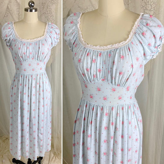 Vintage 1940's Nightgown | Sky Blue Cotton Linen with Ditsy Floral Pattern & White Bobbin Lace - Size S, M - By Lady Leonora - Daggers & Dames