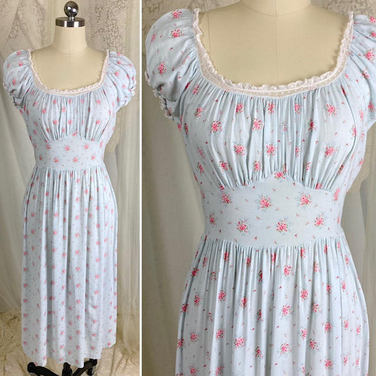 Vintage 1940's Nightgown | Sky Blue Cotton Linen with Ditsy Floral Pattern & White Bobbin Lace - Size S, M - By Lady Leonora - Daggers & Dames