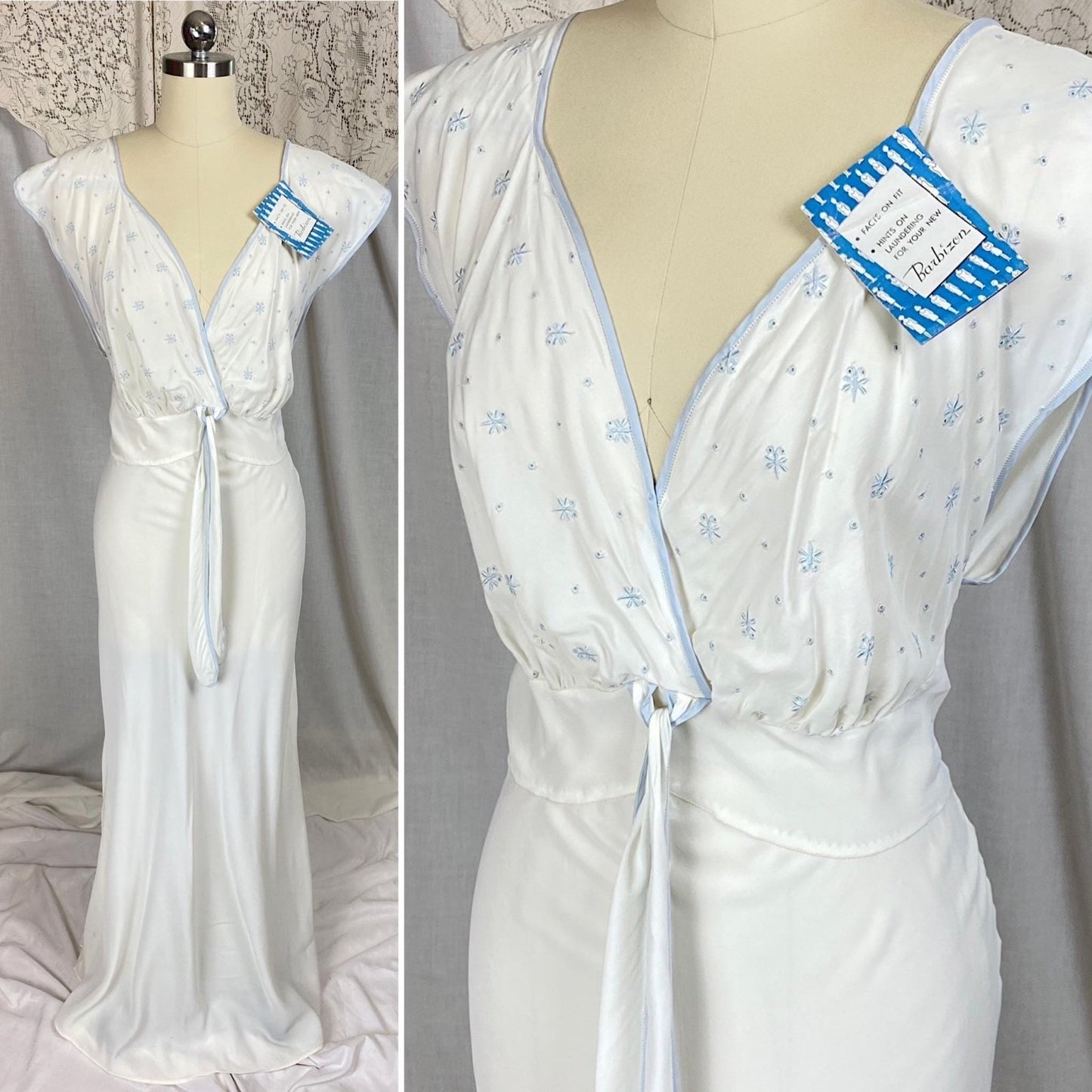 Vintage 1940's Nightgown | White Rayon Crepe with Baby Blue Embroidery | Size M, LG | Barbizon - New with Tags - Daggers & Dames