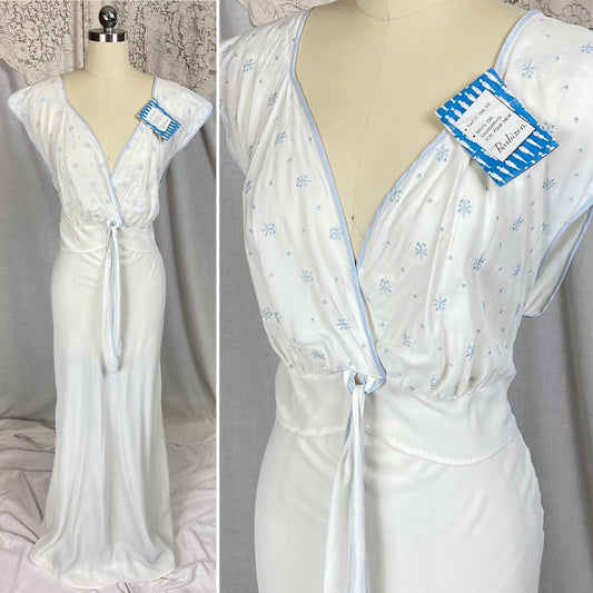 Vintage 1940's Nightgown | White Rayon Crepe with Baby Blue Embroidery | Size M, LG | Barbizon - New with Tags - Daggers & Dames