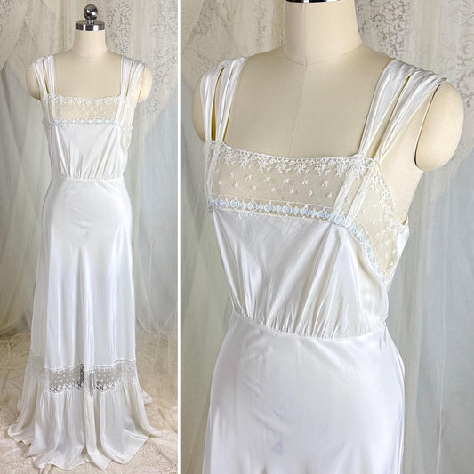 Vintage 1940's Nightgown - White Rayon with Embroidered Tulle & Woven Blue Satin Ribbon - Size S, M - By Aristocraft - Daggers & Dames
