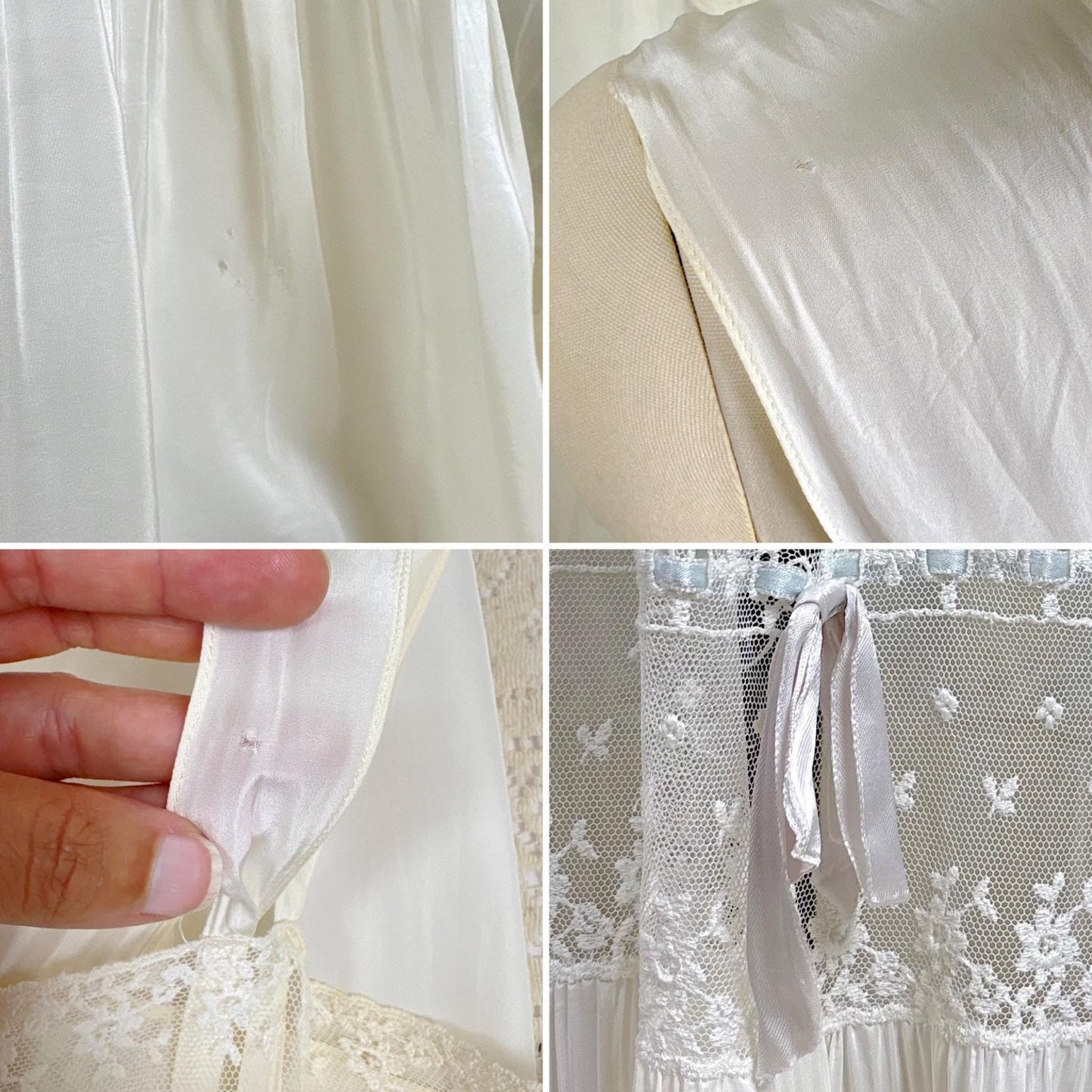 Vintage 1940's Nightgown - White Rayon with Embroidered Tulle & Woven Blue Satin Ribbon - Size S, M - By Aristocraft - Daggers & Dames