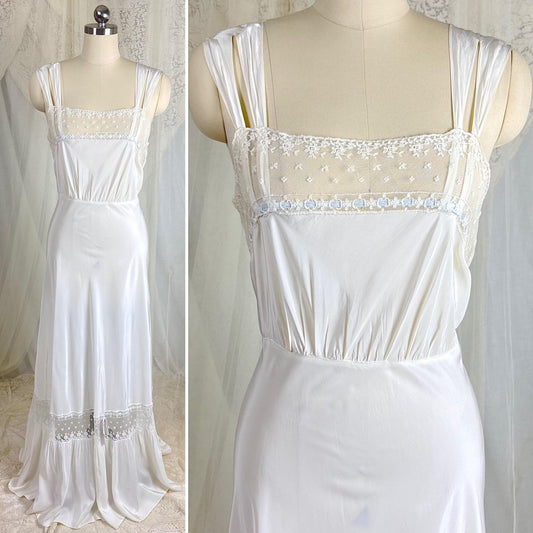 Vintage 1940's Nightgown - White Rayon with Embroidered Tulle & Woven Blue Satin Ribbon - Size S, M - By Aristocraft - Daggers & Dames