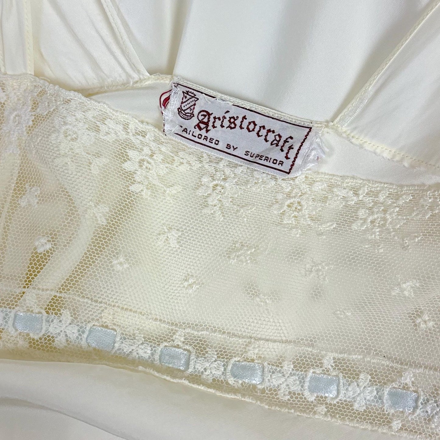 Vintage 1940's Nightgown - White Rayon with Embroidered Tulle & Woven Blue Satin Ribbon - Size S, M - By Aristocraft - Daggers & Dames