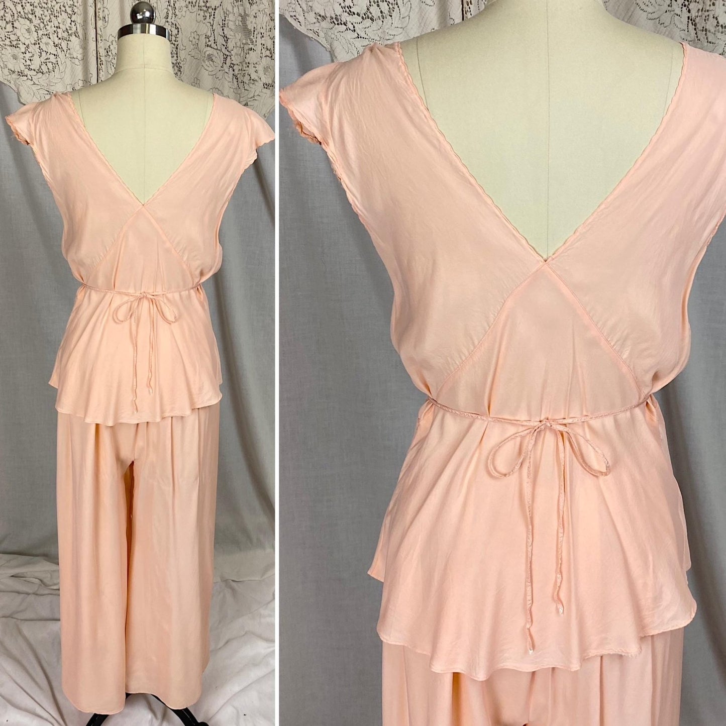 Vintage 1940's Pajama Set | Creamy Rose Pink Rayon with Nude Lace & Blue Silk Ribbon Detail | Size S, M - Daggers & Dames