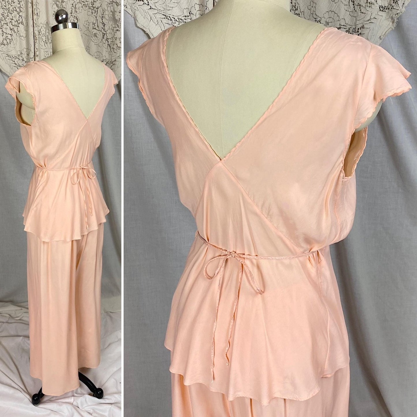 Vintage 1940's Pajama Set | Creamy Rose Pink Rayon with Nude Lace & Blue Silk Ribbon Detail | Size S, M - Daggers & Dames
