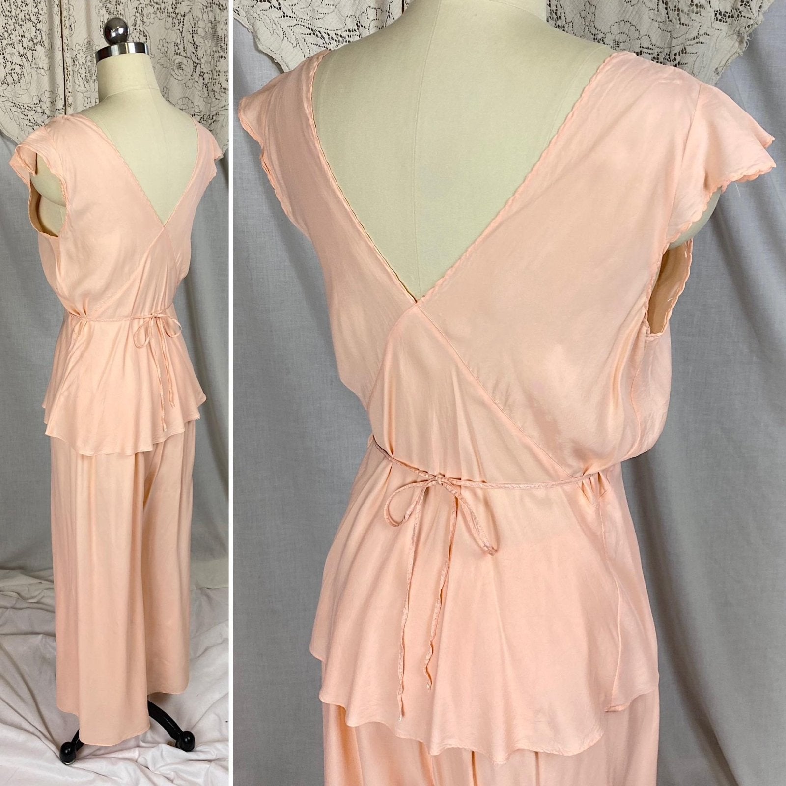 Vintage 1940's Pajama Set | Creamy Rose Pink Rayon with Nude Lace & Blue Silk Ribbon Detail | Size S, M - Daggers & Dames