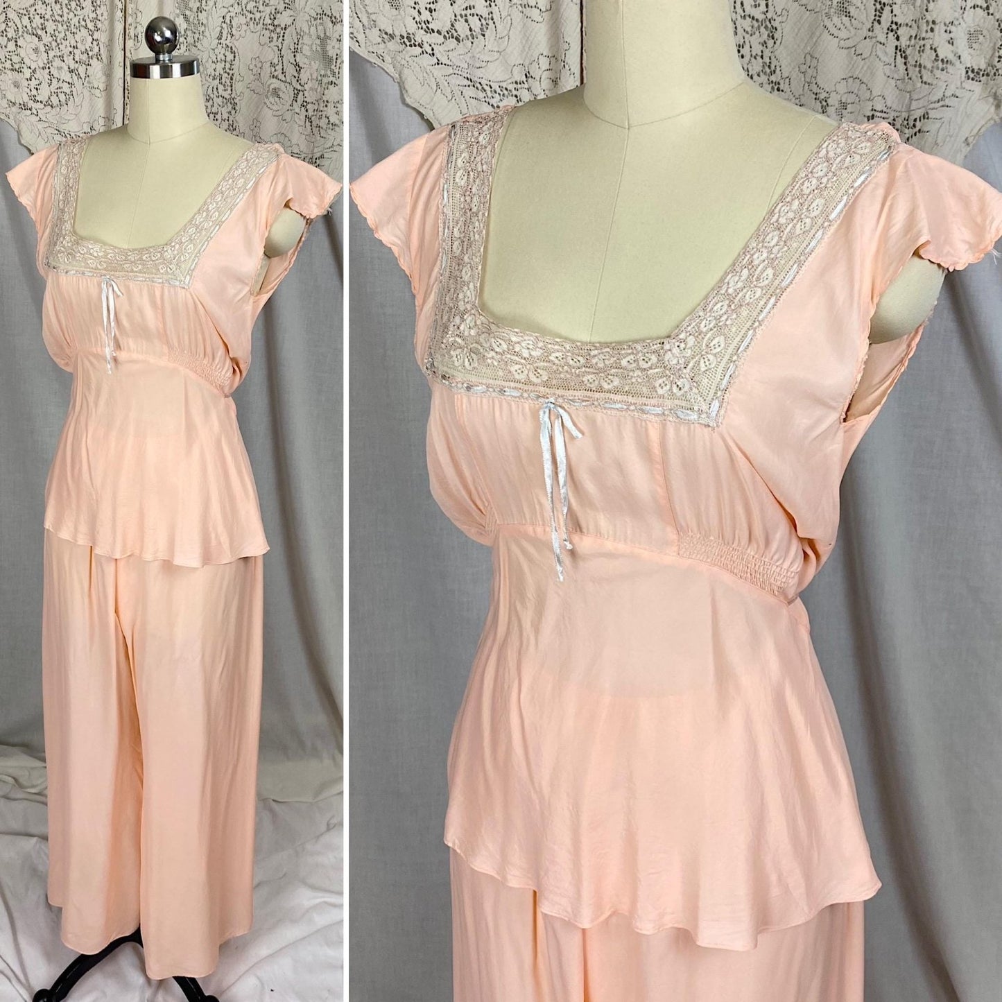 Vintage 1940's Pajama Set | Creamy Rose Pink Rayon with Nude Lace & Blue Silk Ribbon Detail | Size S, M - Daggers & Dames