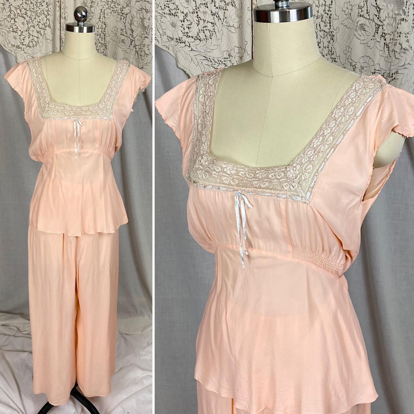 Vintage 1940's Pajama Set | Creamy Rose Pink Rayon with Nude Lace & Blue Silk Ribbon Detail | Size S, M - Daggers & Dames