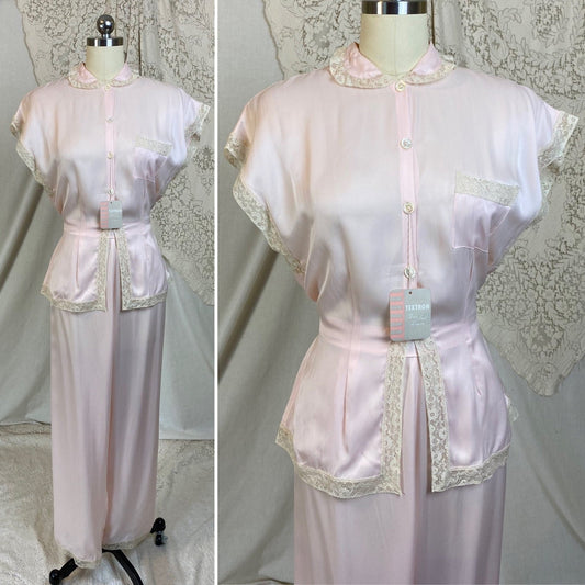 Vintage 1940's Pajama Set | Pale Powder Pink Rayon Satin with Ivory Lace | Size M, LG | Textron - New with Tags - Daggers & Dames
