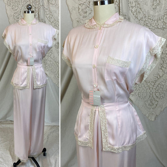 Vintage 1940's Pajama Set | Pale Powder Pink Rayon Satin with Ivory Lace | Size M, LG | Textron - New with Tags - Daggers & Dames
