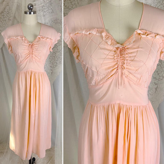 Vintage 1940's Pale Blush Pink Rayon Chiffon Nightgown with Diamond Pin Tuck Detail - Made in Hungary, Size S, M, LG - Daggers & Dames