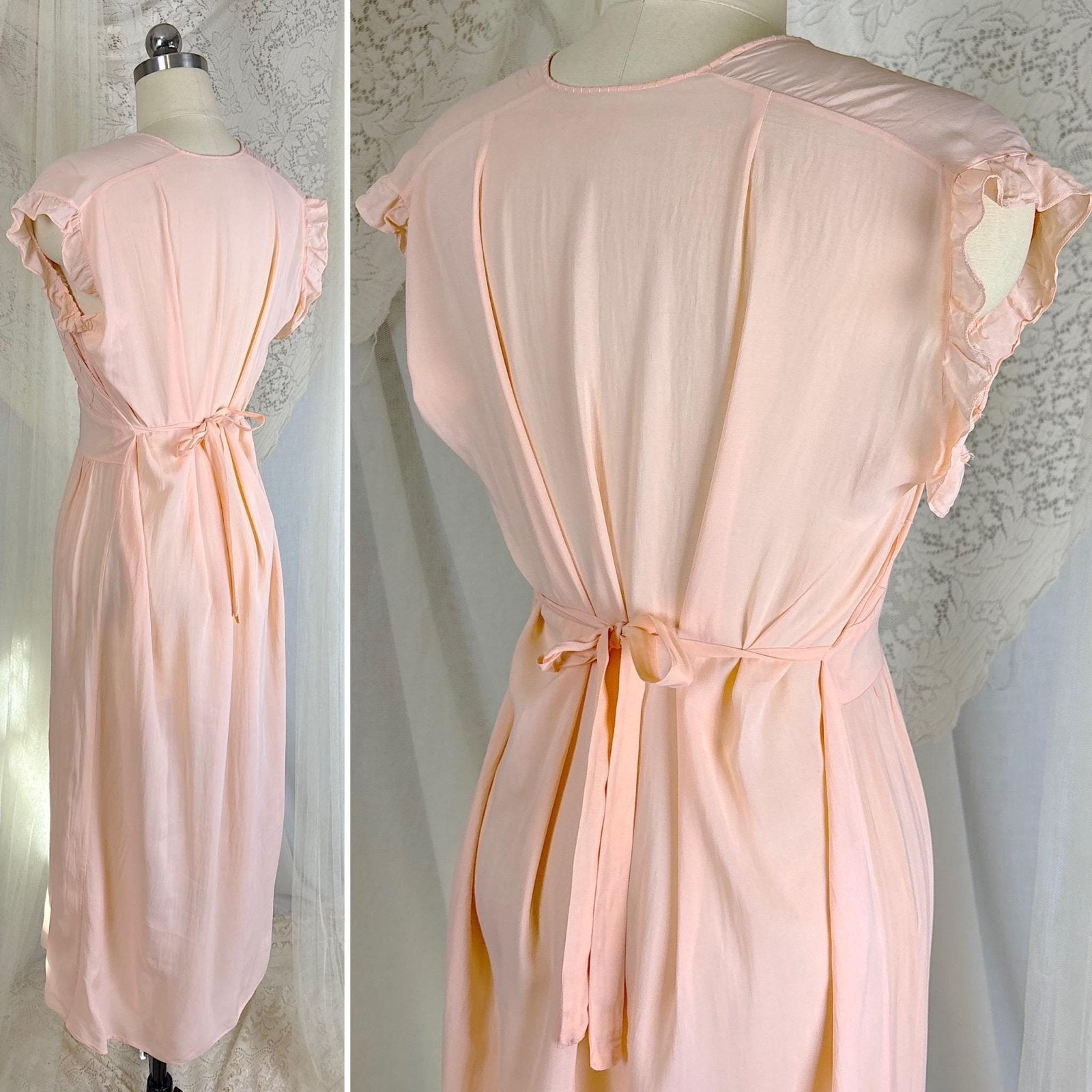 Vintage 1940's Pale Blush Pink Rayon Chiffon Nightgown with Diamond Pin Tuck Detail - Made in Hungary, Size S, M, LG - Daggers & Dames