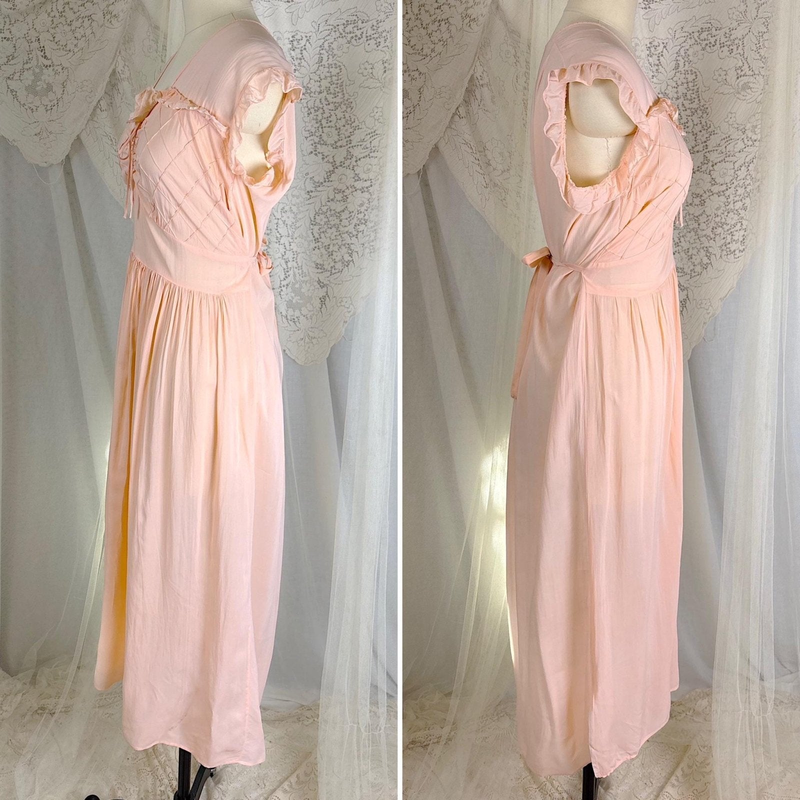 Vintage 1940's Pale Blush Pink Rayon Chiffon Nightgown with Diamond Pin Tuck Detail - Made in Hungary, Size S, M, LG - Daggers & Dames