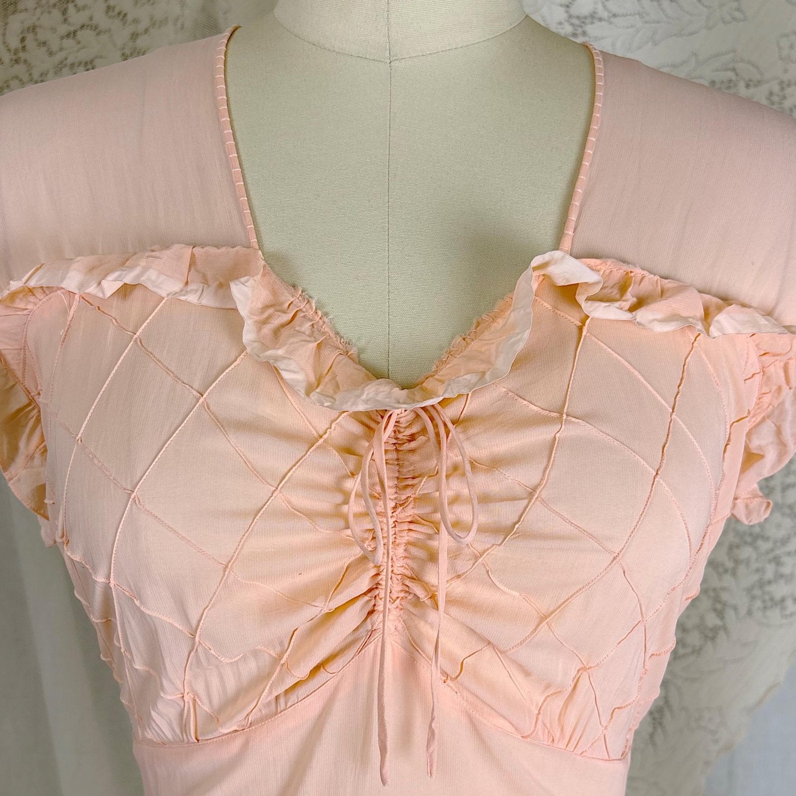 Vintage 1940's Pale Blush Pink Rayon Chiffon Nightgown with Diamond Pin Tuck Detail - Made in Hungary, Size S, M, LG - Daggers & Dames