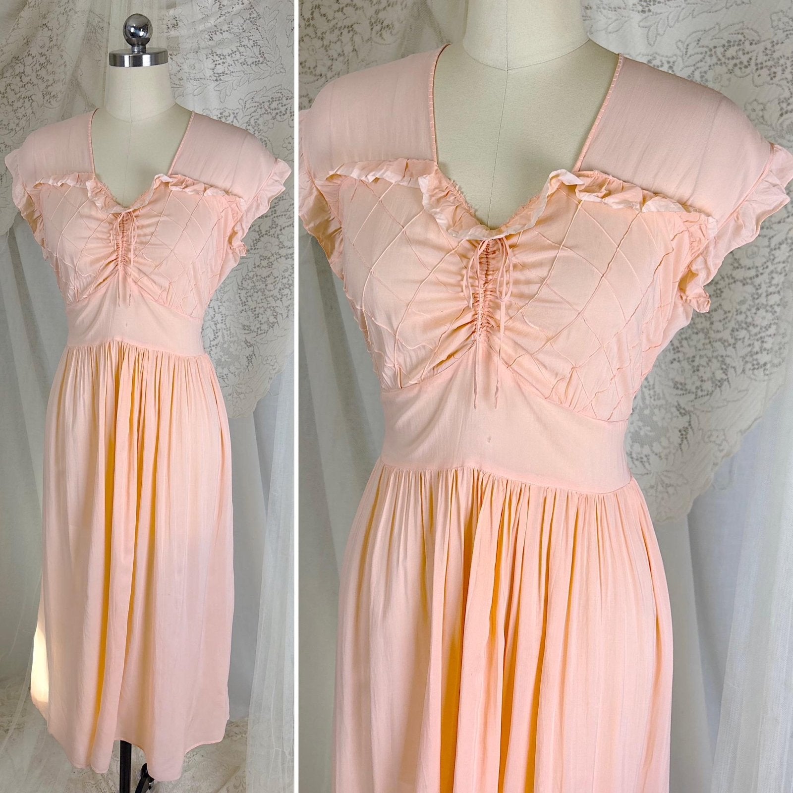 Vintage 1940's Pale Blush Pink Rayon Chiffon Nightgown with Diamond Pin Tuck Detail - Made in Hungary, Size S, M, LG - Daggers & Dames