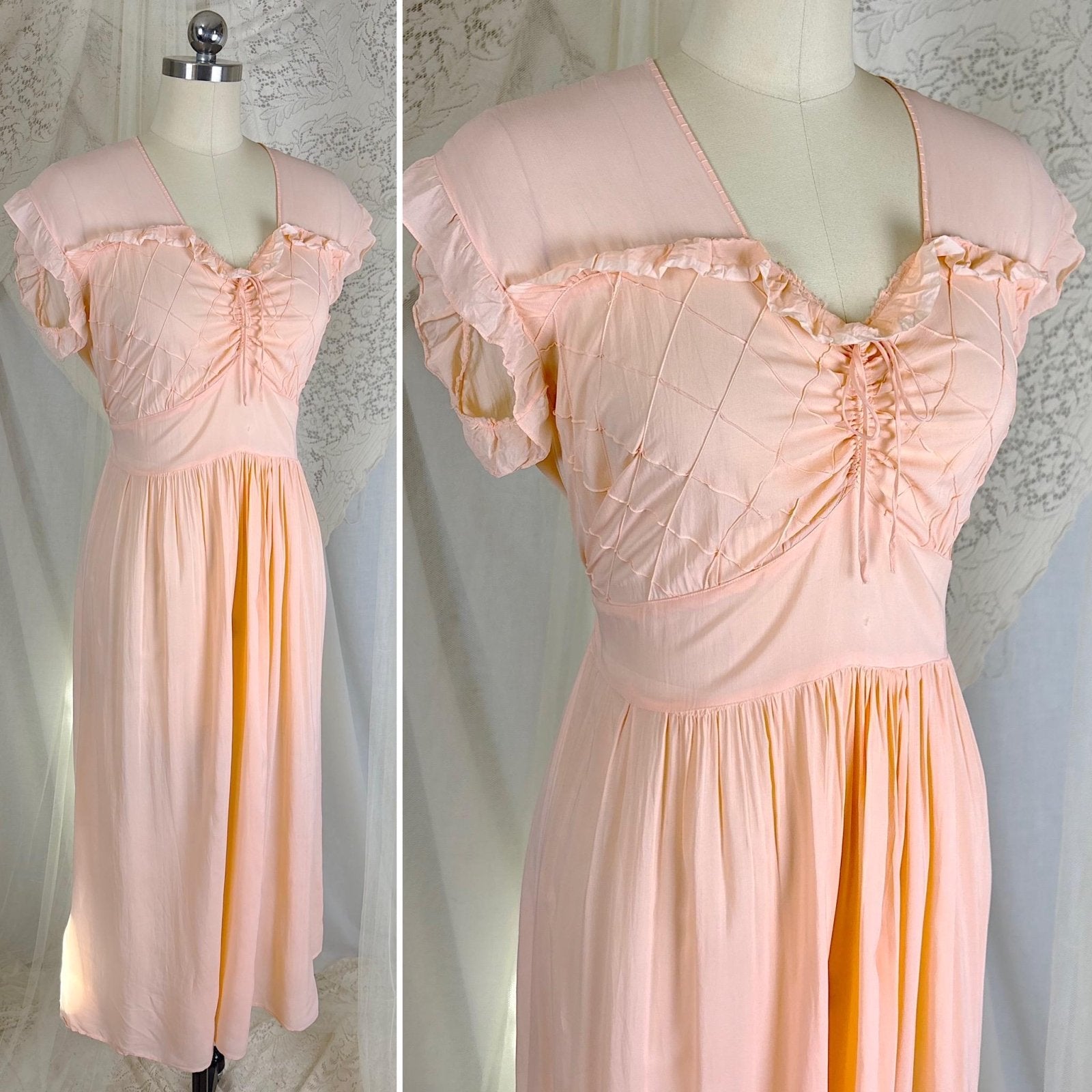 Vintage 1940's Pale Blush Pink Rayon Chiffon Nightgown with Diamond Pin Tuck Detail - Made in Hungary, Size S, M, LG - Daggers & Dames