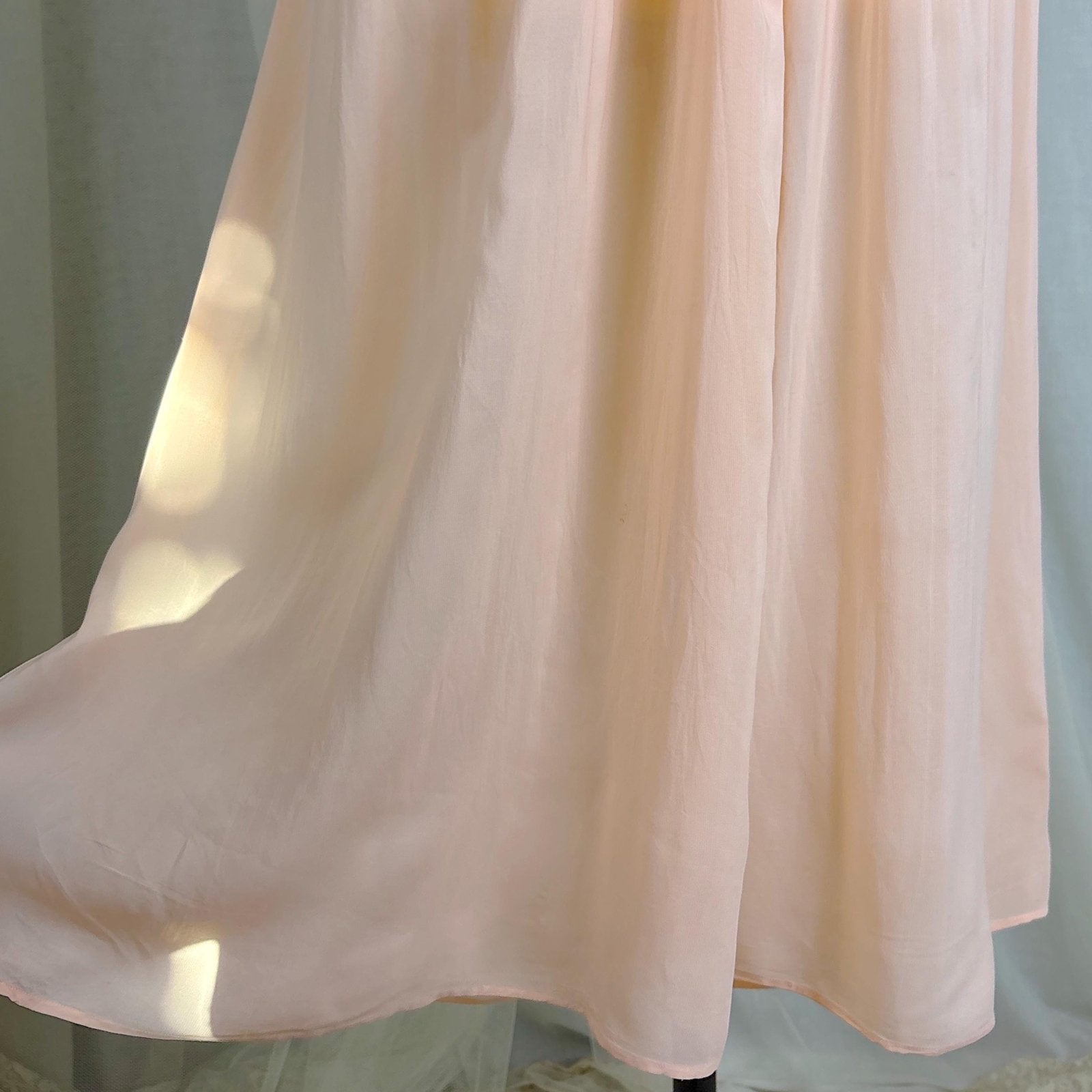 Vintage 1940's Pale Blush Pink Rayon Chiffon Nightgown with Diamond Pin Tuck Detail - Made in Hungary, Size S, M, LG - Daggers & Dames