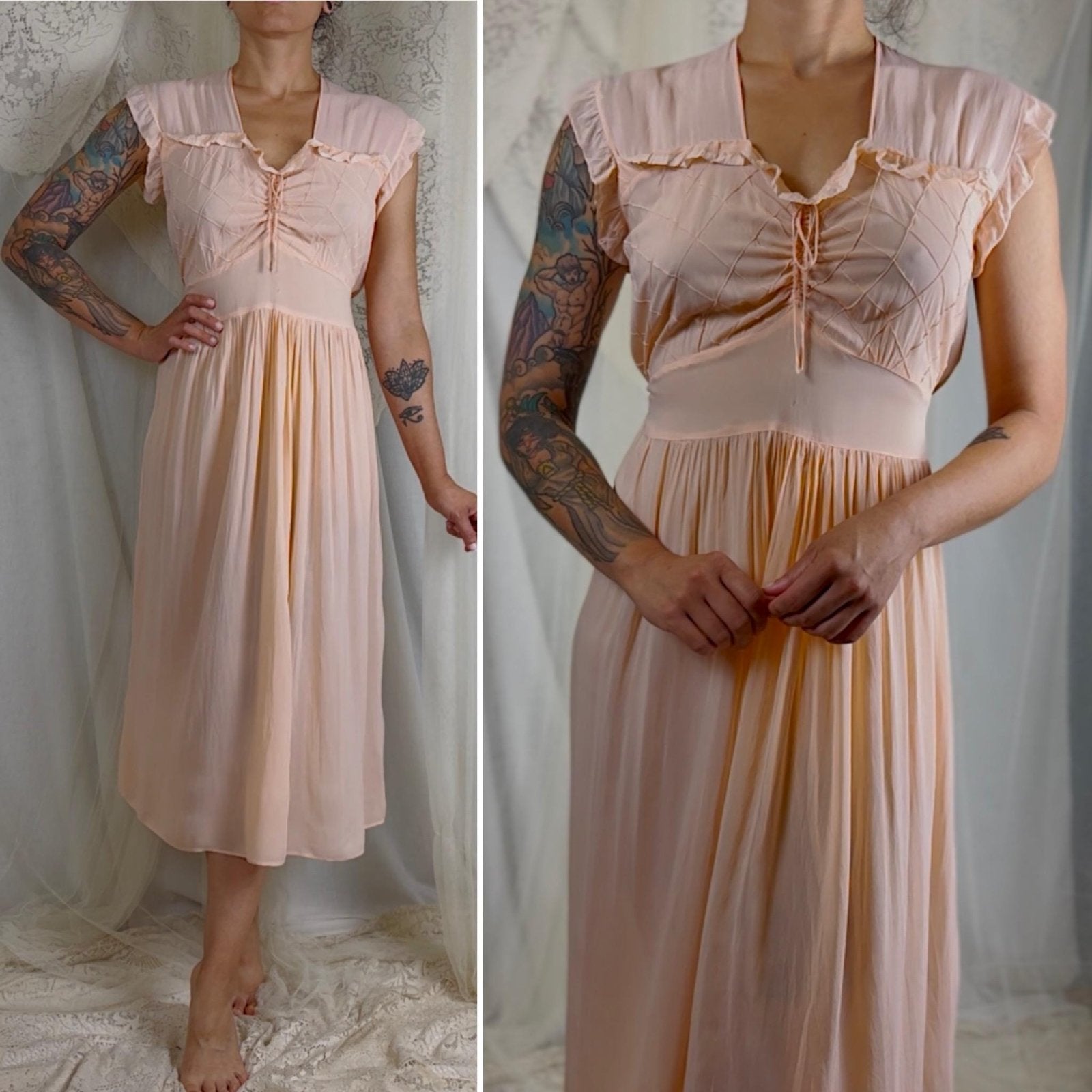 Vintage 1940's Pale Blush Pink Rayon Chiffon Nightgown with Diamond Pin Tuck Detail - Made in Hungary, Size S, M, LG - Daggers & Dames