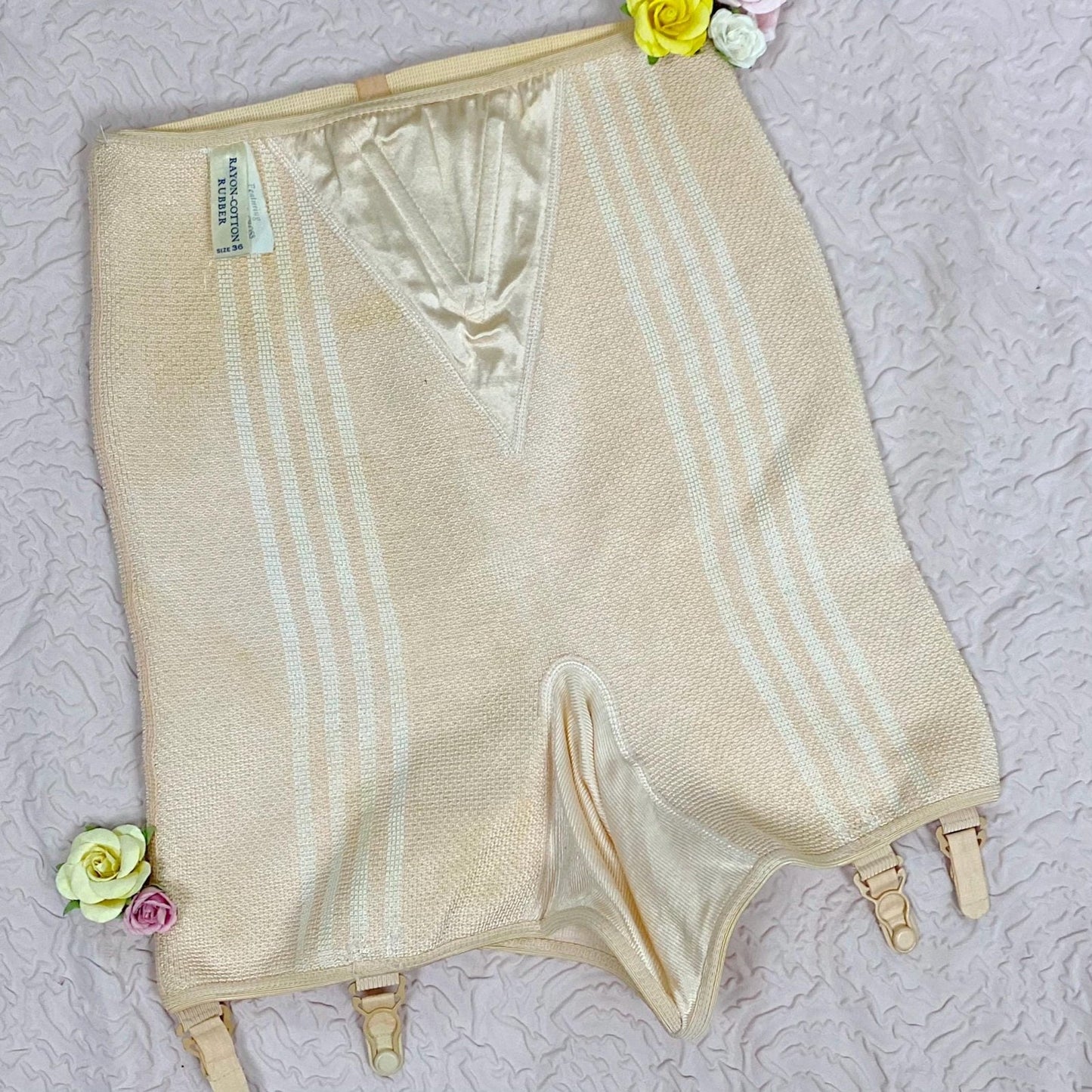 Vintage 1940's Panty Girdle | Peach Rayon Knit with Pink Stripes & Removeable Garters | Size S, M | Never Worn - Daggers & Dames