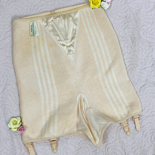 Vintage 1940's Panty Girdle | Peach Rayon Knit with Pink Stripes & Removeable Garters | Size S, M | Never Worn - Daggers & Dames