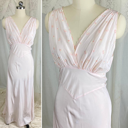 Vintage 1940s Powder Pink Rayon Nightgown with Floral Embroidery by HiStepper - Size S, M - Daggers & Dames