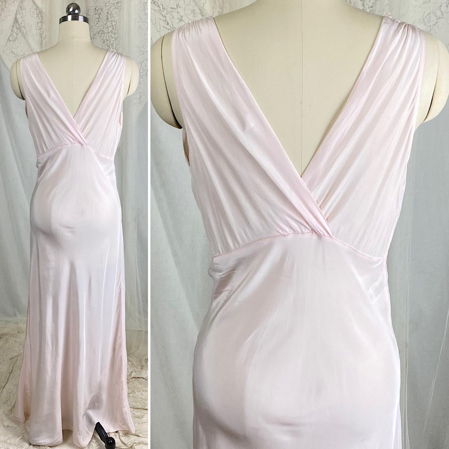 Vintage 1940s Powder Pink Rayon Nightgown with Floral Embroidery by HiStepper - Size S, M - Daggers & Dames
