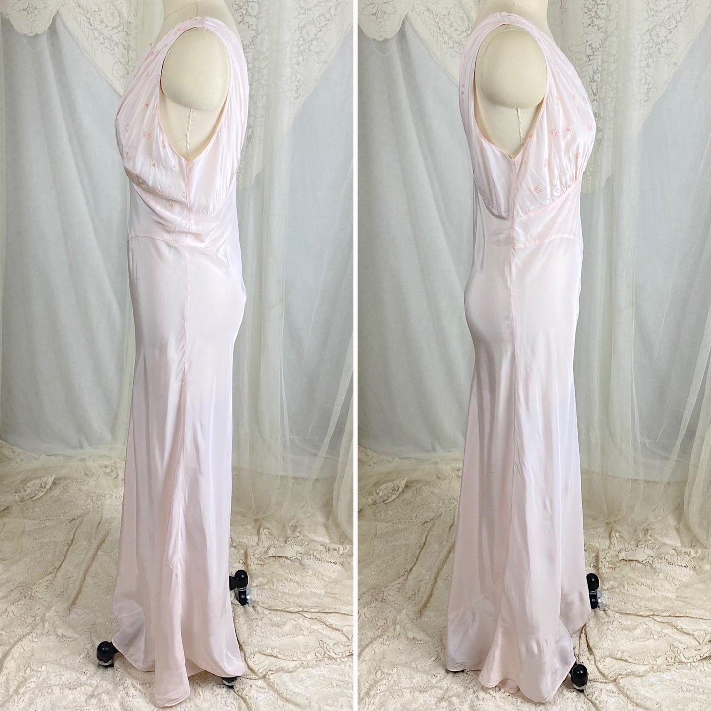 Vintage 1940s Powder Pink Rayon Nightgown with Floral Embroidery by HiStepper - Size S, M - Daggers & Dames
