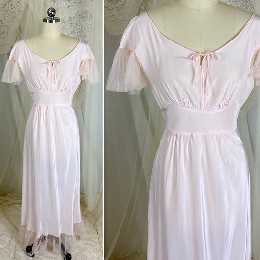 Vintage 1940's Powder Pink Rayon Nightgown with Tulle - By Textron, Size S, M - Daggers & Dames