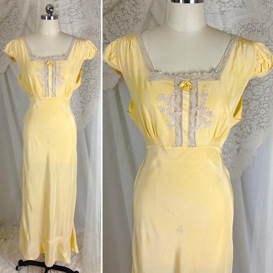 Vintage 1940's Primrose Yellow Rayon Nightgown with Cotton Lace - Size M - Daggers & Dames