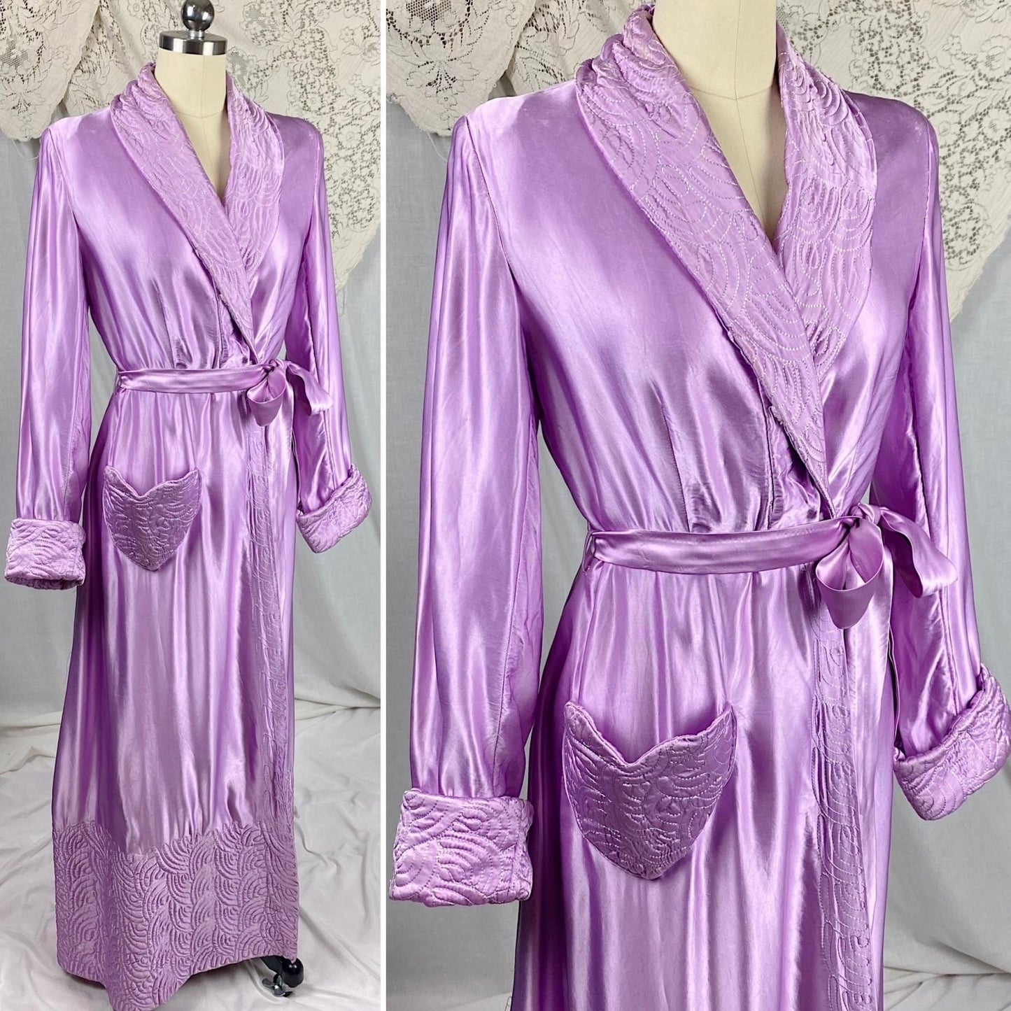 Vintage 1940's Robe | Lilac Purple Rayon Satin with Trapunto Stitching | Size S, M - Daggers & Dames