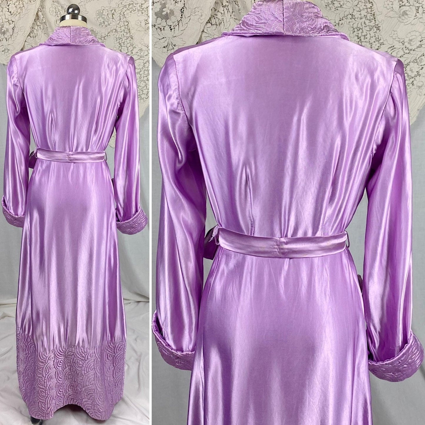 Vintage 1940's Robe | Lilac Purple Rayon Satin with Trapunto Stitching | Size S, M - Daggers & Dames