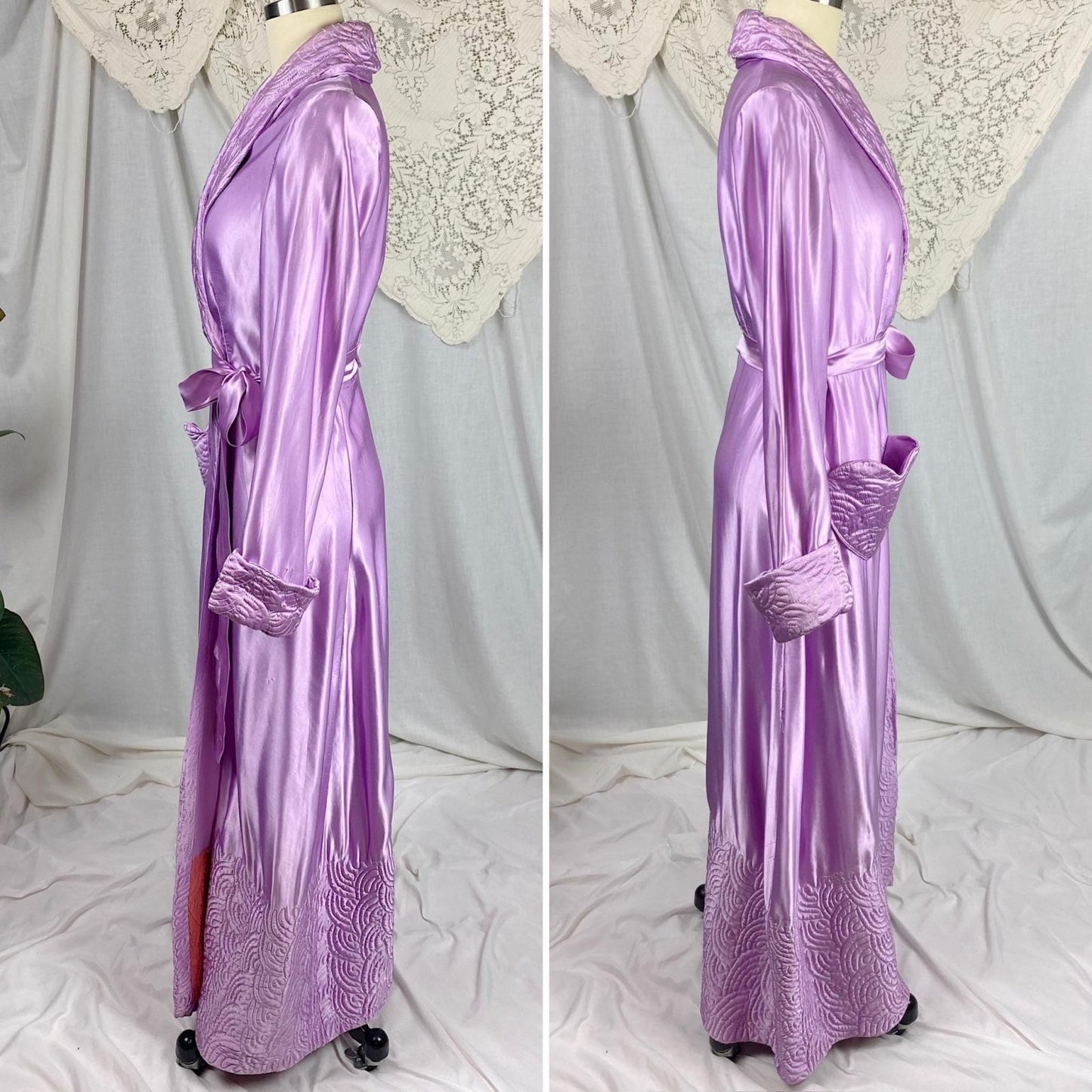 Vintage 1940's Robe | Lilac Purple Rayon Satin with Trapunto Stitching | Size S, M - Daggers & Dames