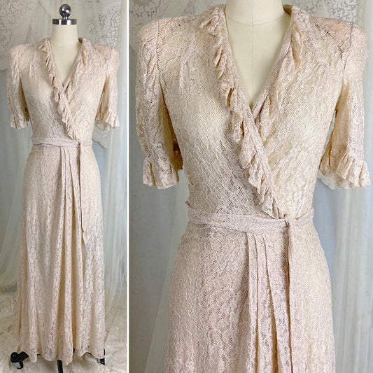 Vintage 1940's Robe - Pale Bronze Floral Rayon Lace with Ruffled Yoke & Sleeves - Size XS, S - By Taylor Mode - Daggers & Dames