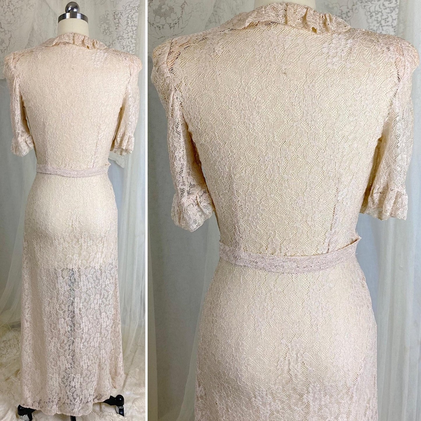 Vintage 1940's Robe - Pale Bronze Floral Rayon Lace with Ruffled Yoke & Sleeves - Size XS, S - By Taylor Mode - Daggers & Dames