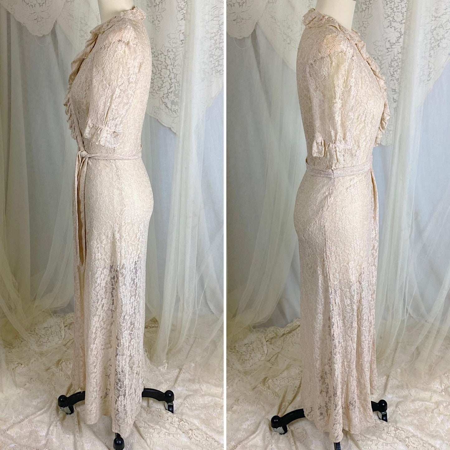 Vintage 1940's Robe - Pale Bronze Floral Rayon Lace with Ruffled Yoke & Sleeves - Size XS, S - By Taylor Mode - Daggers & Dames